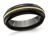 Mens Black Titanium Gold Stripe Center Band Ring (7mm)